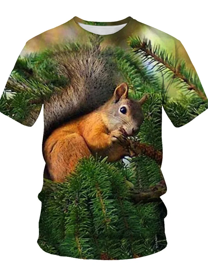 Men's Summer 3D Digital Printing Squirrel Pattern Short Sleeve T-shirt Men's Round Neck Loose T-shirt Green