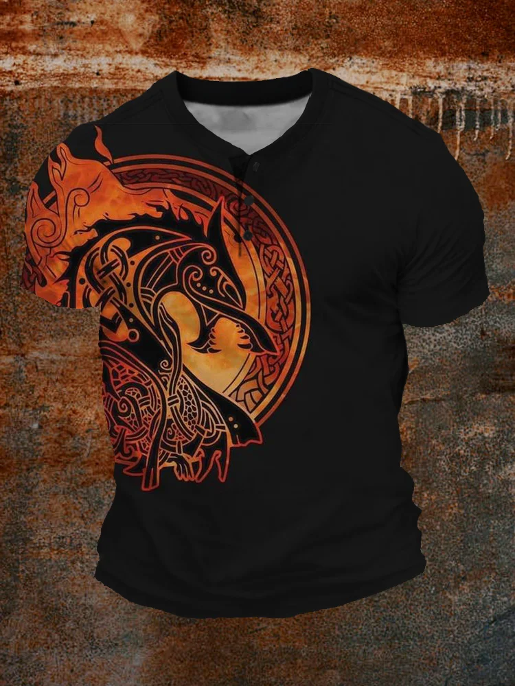 Broswear Men's Viking Wolf Fenrir Graphic Casual Henley Shirt