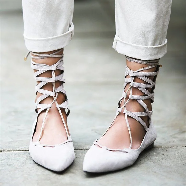 Light Grey Lace up Pointy Toe Flats Ballet Strappy Comfortable Shoes |FSJ Shoes