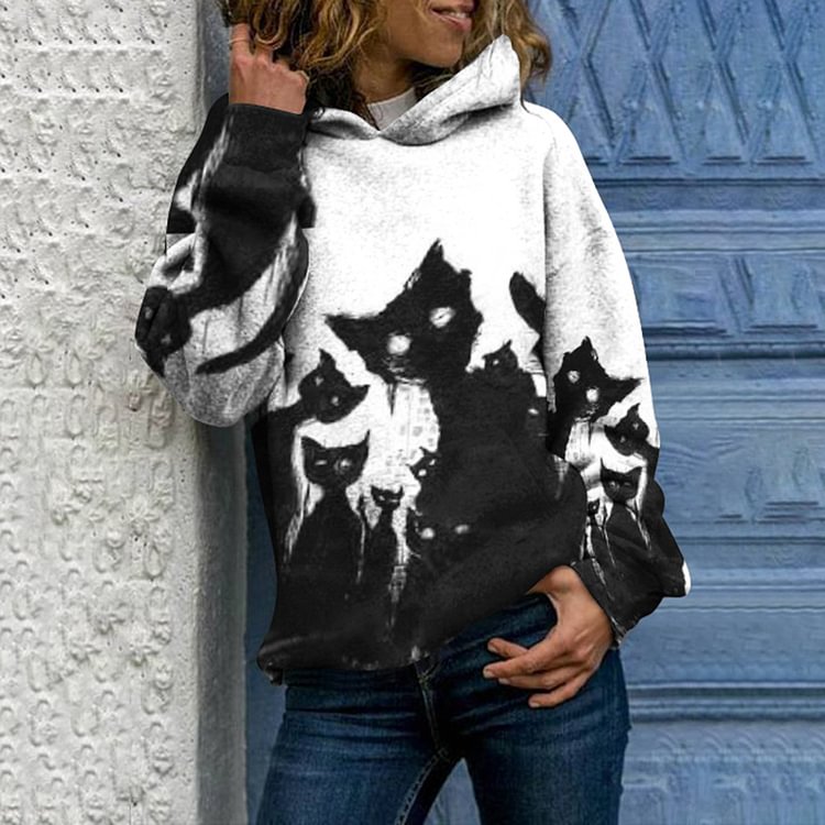 Vefave Casual Loose Long Sleeve Cat Print Hoodie