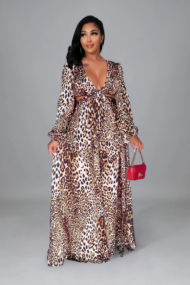 Leopard Printed Cutout Slit Elegant Cocktail Maxi Dresses