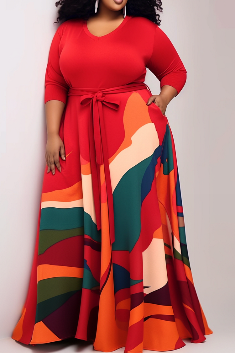 Plus Size Casual Dress Red All Over Print Round-Neck Knitted Maxi Dress With Pocket