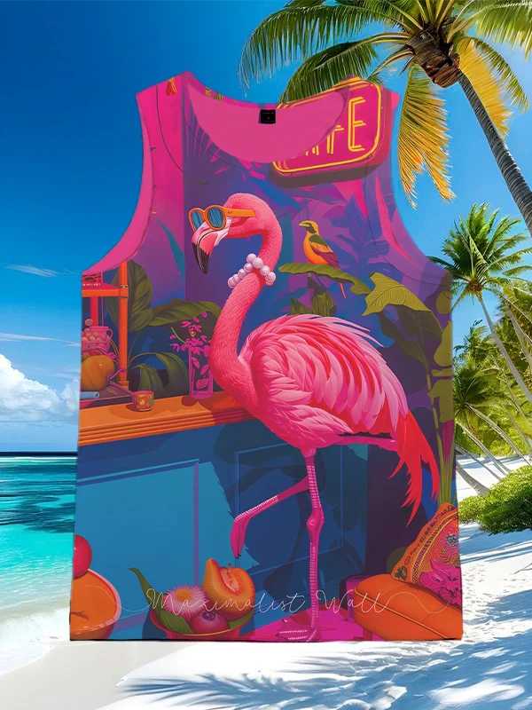 Men's Vacation Style Fashion Flamingo Cafe Art Print Tank Top