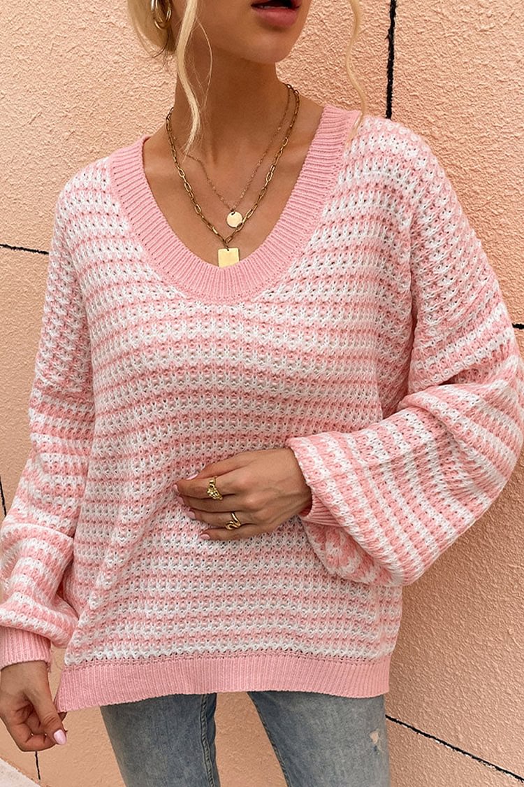 Fashion Casual Striped Split Joint V Neck Tops - Life is Beautiful for You - SheChoic