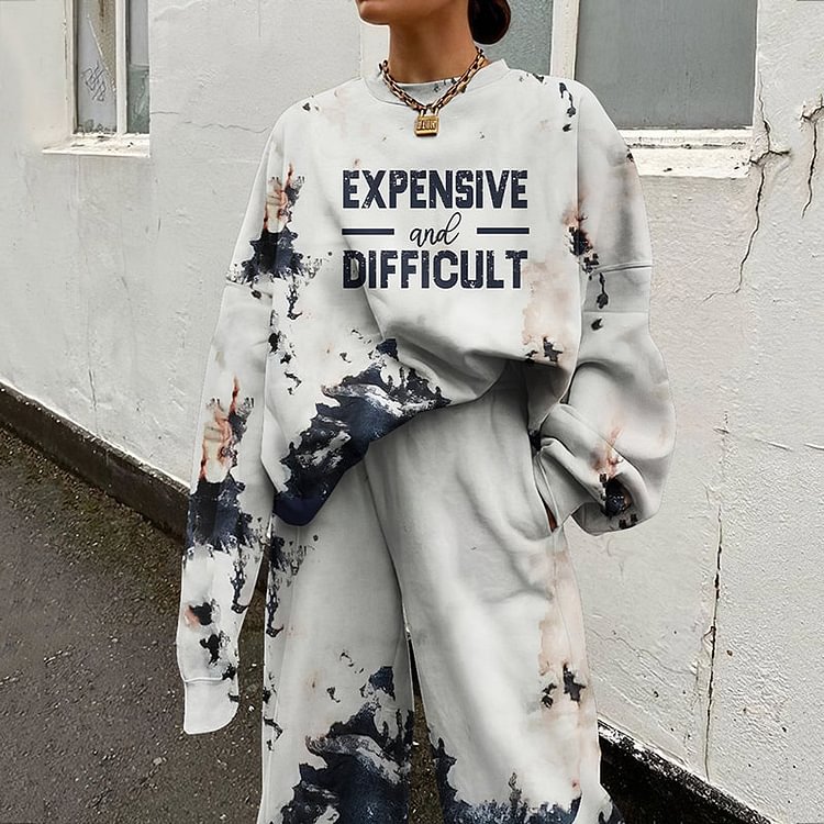 VChics Fashion Loose Expensive And Difficult Print Sweatshirt Two Piece Set