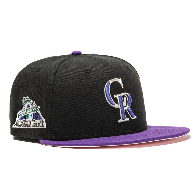Exclusive New Era 59Fifty Colorado Rockies 1998 All Star Game Patch Pink UV Hat - Black, Purple QueenFunky
