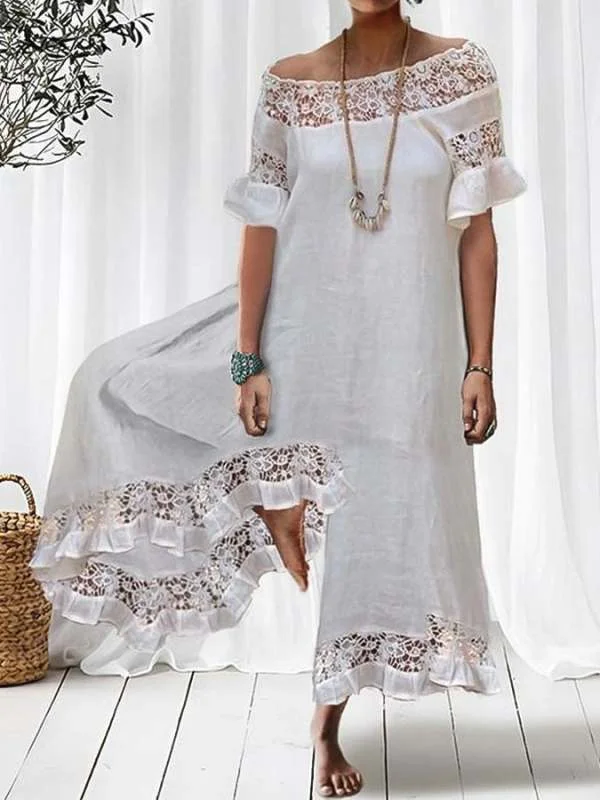 Casual Lace Solid Color Short-Sleeved Wide-leg Jumpsuit