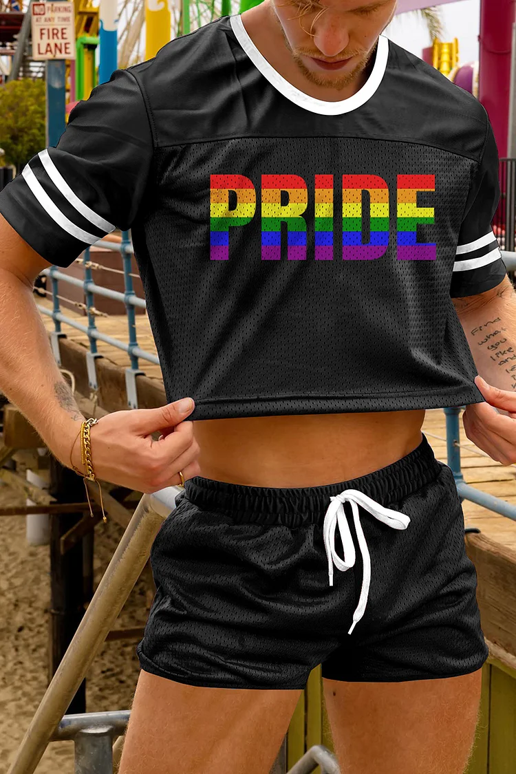 Rainbow PRIDE Print Black And White Crop Top Shorts Two Piece Set