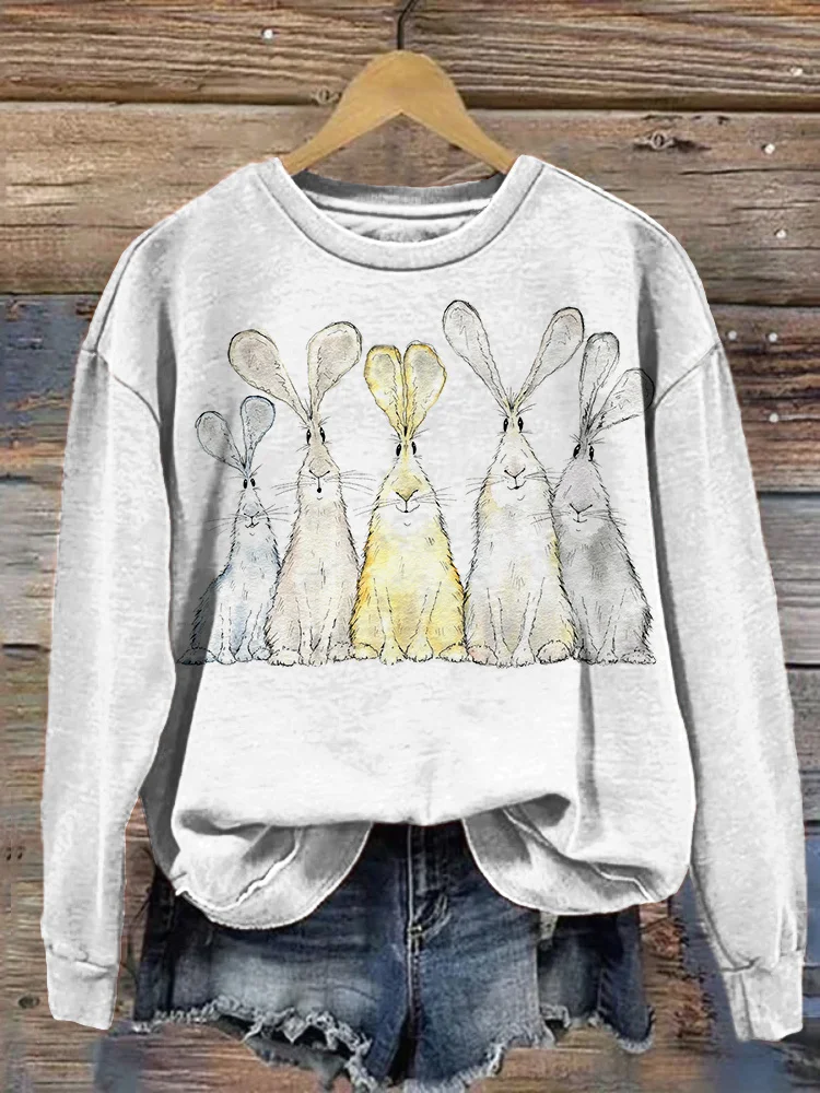 VChics Watercolor Bunny Print Casual Cozy Sweatshirt