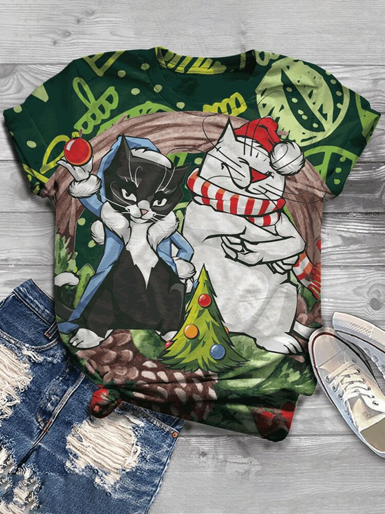 Cartoon Cat Printed Short Sleeve O neck T shirt For Women P1746699
