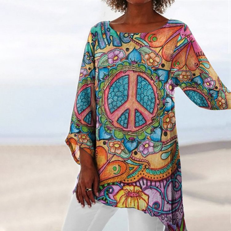 Comstylish Hippie Peace Print Casual Loose T-Shirt