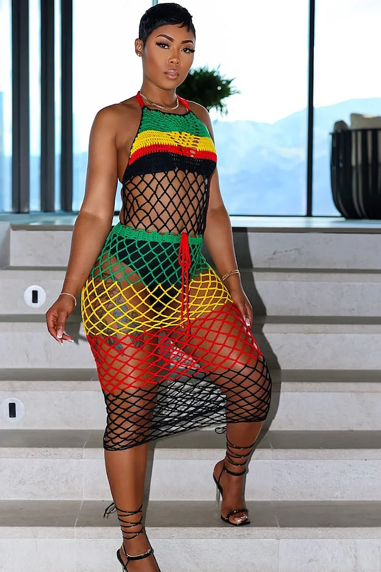 Multicolor Fishnet Halter Cover Ups Backless Midi Dresses 