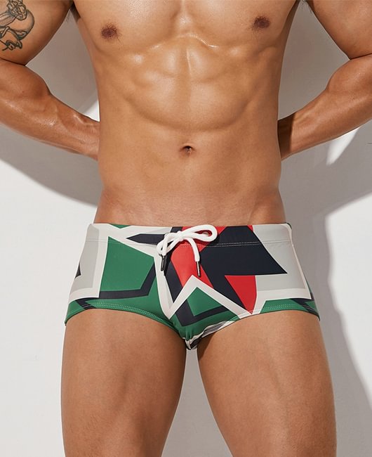 Vacation Casual Geometric Color Matching Drawstring Boxer Swim Trunks