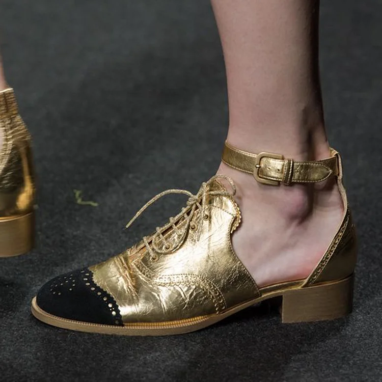 Black & Gold Vintage Shoes Lace Up Ankle Strap Cut-Out Oxfords |FSJ Shoes