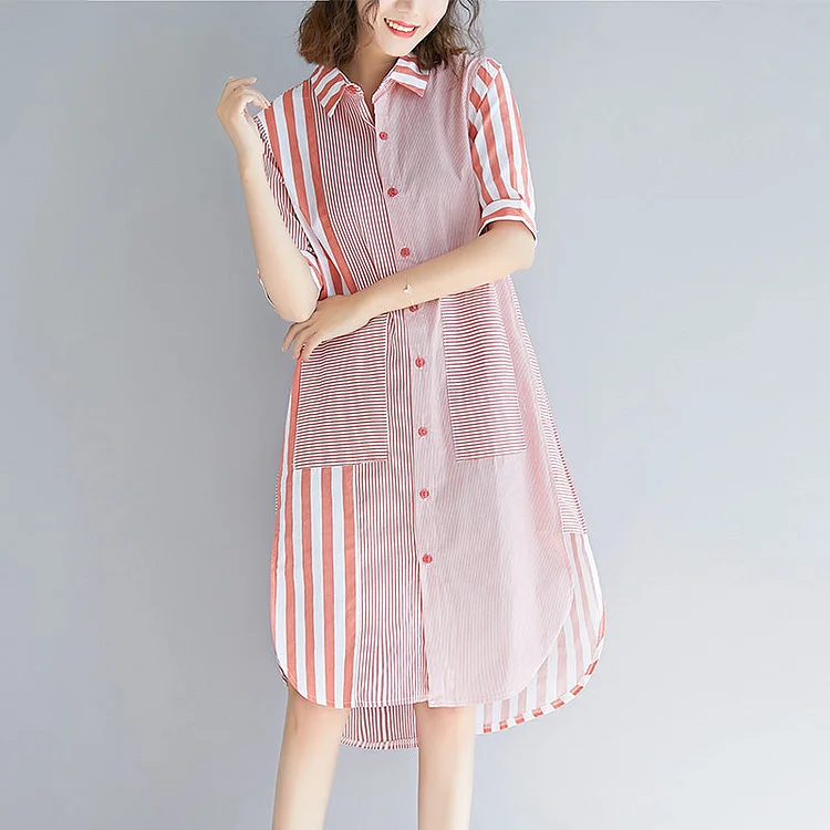 Loose pink striped Cotton quilting clothes Fun Photography side open Knee patchwork Dress