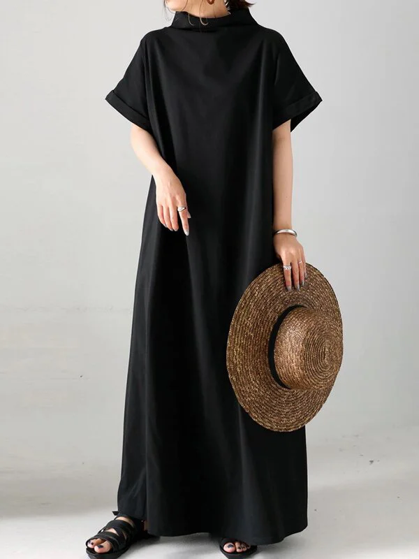 Simple Loose Stand Collar Batwing Sleeve Dress
