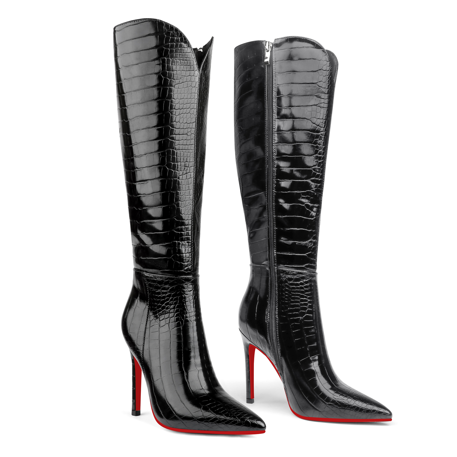 100mm Fashion Zipper Red Bottoms High Heels Toe Rivets Knee Boots