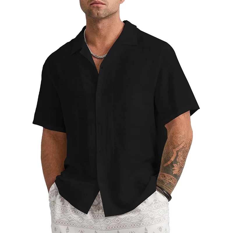 Men's Short Sleeve T-shirt Loose Sweatshirt Solid Button Cardigan Cotton Linen Shirt
