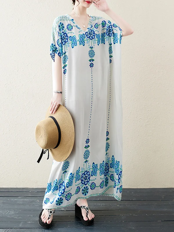 Roomy Short Sleeves Floral Stamped V-Neck Maxi Dresses