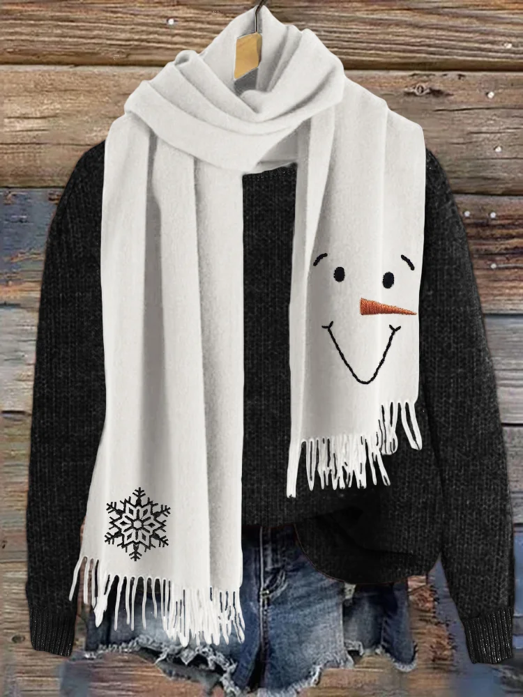 VChics Snowman Face & Snowflakes Embroidery Cozy Scarf