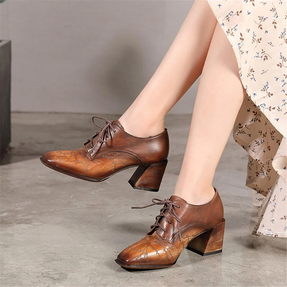 Handmade Leather Pumps Women Square Toe Lace-Up Ankle Boots With Block Heel Coffee/Grey