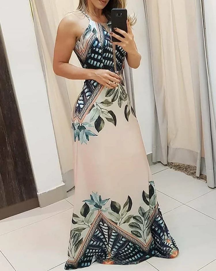 Tropical Print Spaghetti Strap Maxi Dress P16073