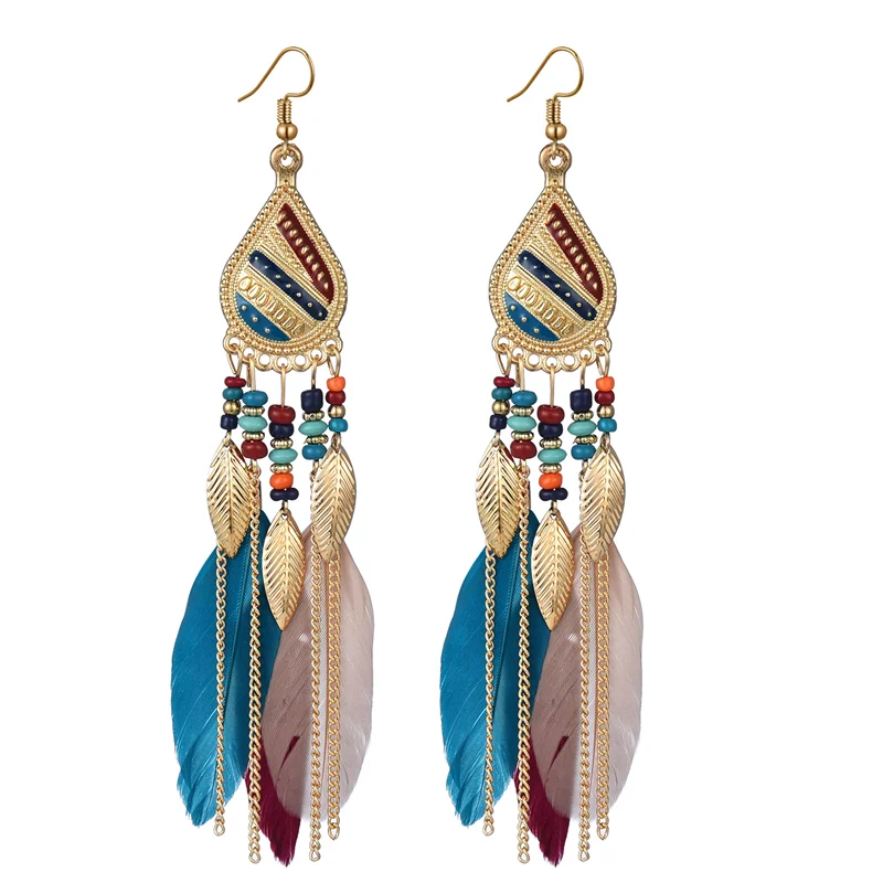 Bohemian feather tassels ethnic earrings