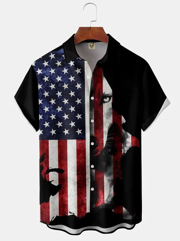Map American Flag Wolf Chest Pocket Short Sleeve Shirt