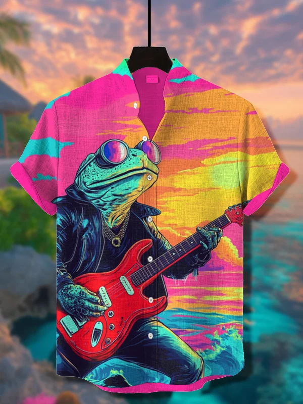 Men's Punk Toad Playing Electric Guitar On Vacation Art Print Casual Shirt