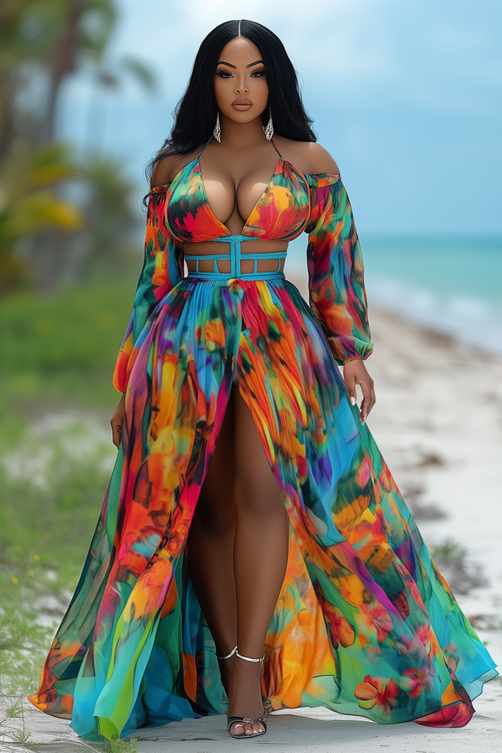 Vacation Multicolor Print Halter V Neck Cutout Slit Green Maxi Dresses -S Vacation Multicolor Print Halter V Neck Cutout Slit Green Maxi Dresses -S