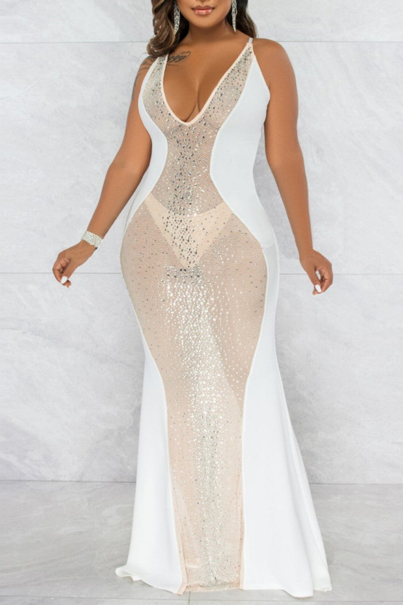 Sexy Patchwork Hot Drilling See Through Backless Spaghetti Strap Long Dress