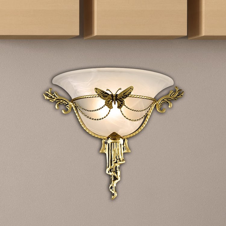 Trumpet Flare Sconce Light Colonization Milk Glass 1 Bulb Wall Mounted Lamp with Brass Metal Butterfly Deco