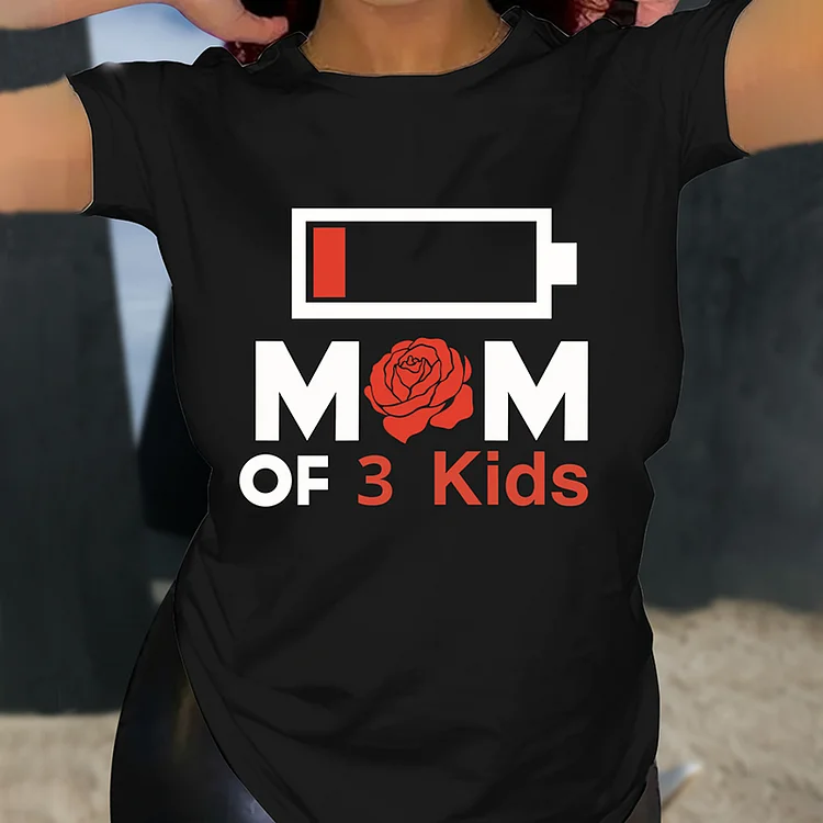 Comstylish Stylish Mom of Three Kids Print Crew Neck Cozy T-Shirt