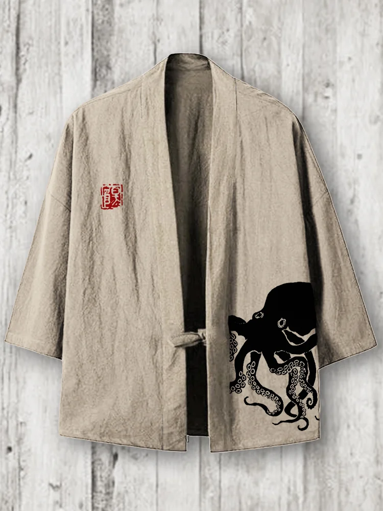 Comstylish Octopus Japanese Lino Art Linen Blend Kimono Cardigan