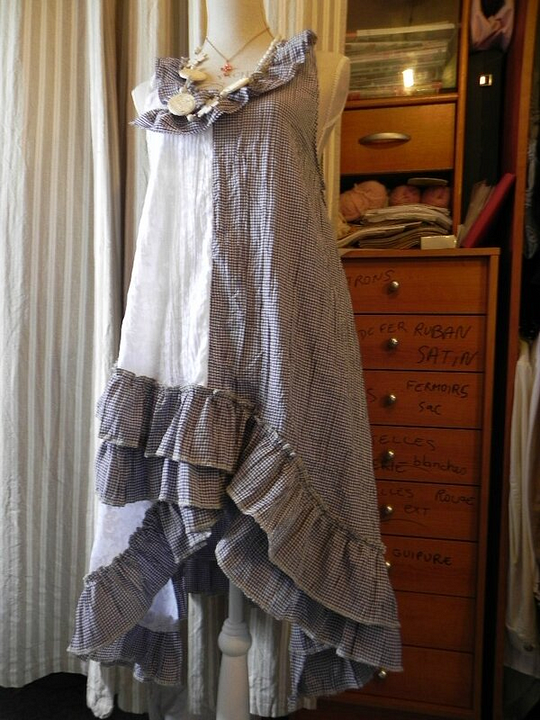 Cotton Linen Plaid Print Irregular Hem Dress