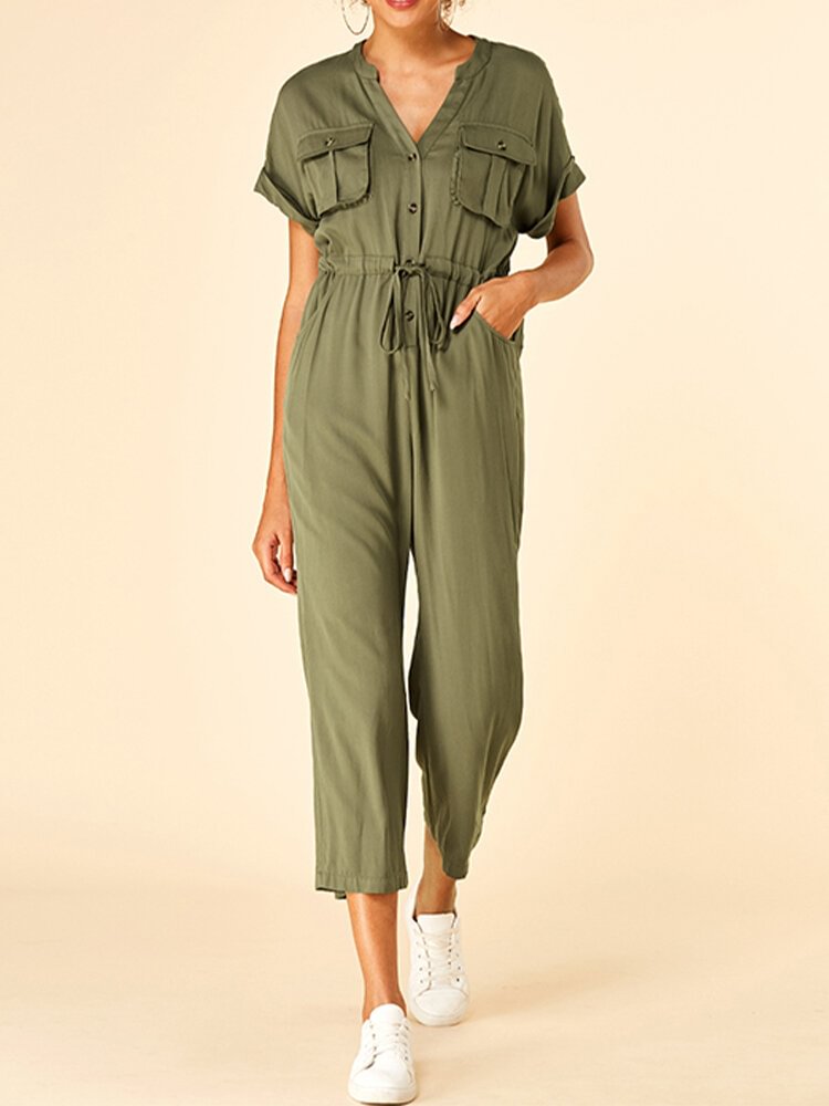 Solid Color Drawstring Button Pocket Short Sleeve Casual Jumpsuit for Women - Life is Beautiful for You - SheChoic