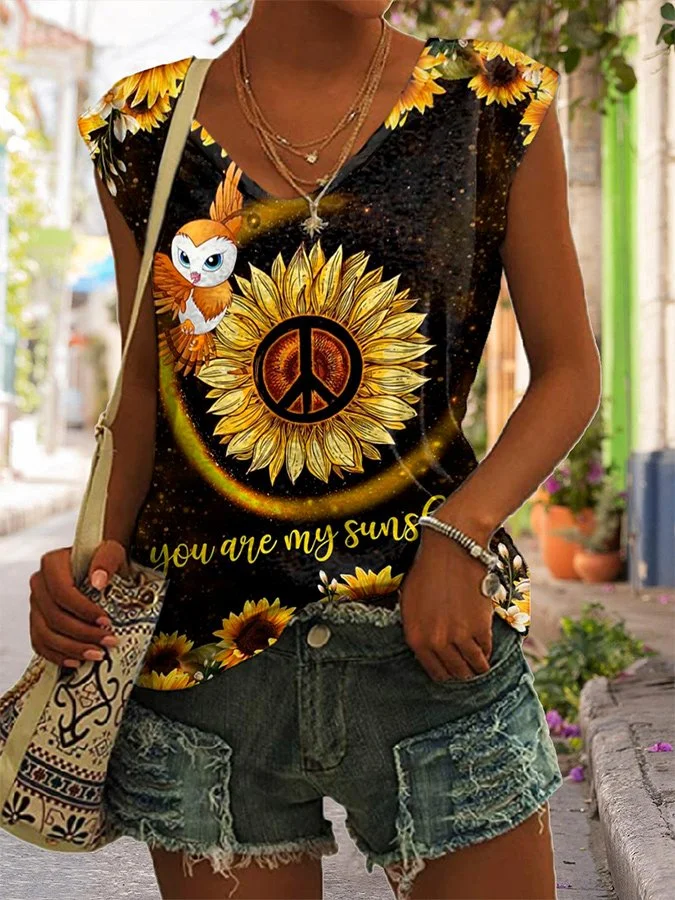 Peace Print V-Neck Sleeveless T-Shirt socialshop