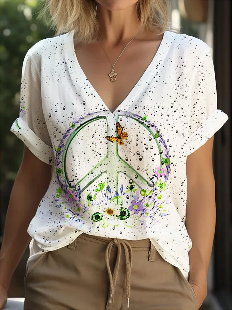Women's V-Neck Water Drop Peace Sign Print Top socialshop