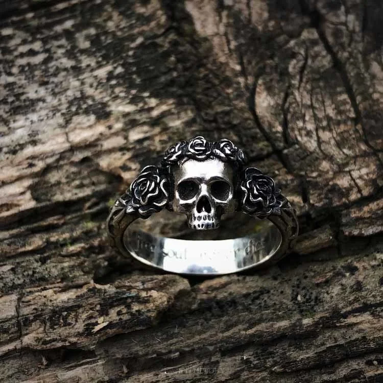 Free Soul Never Dies Flower Skull Stainless Steel Ring