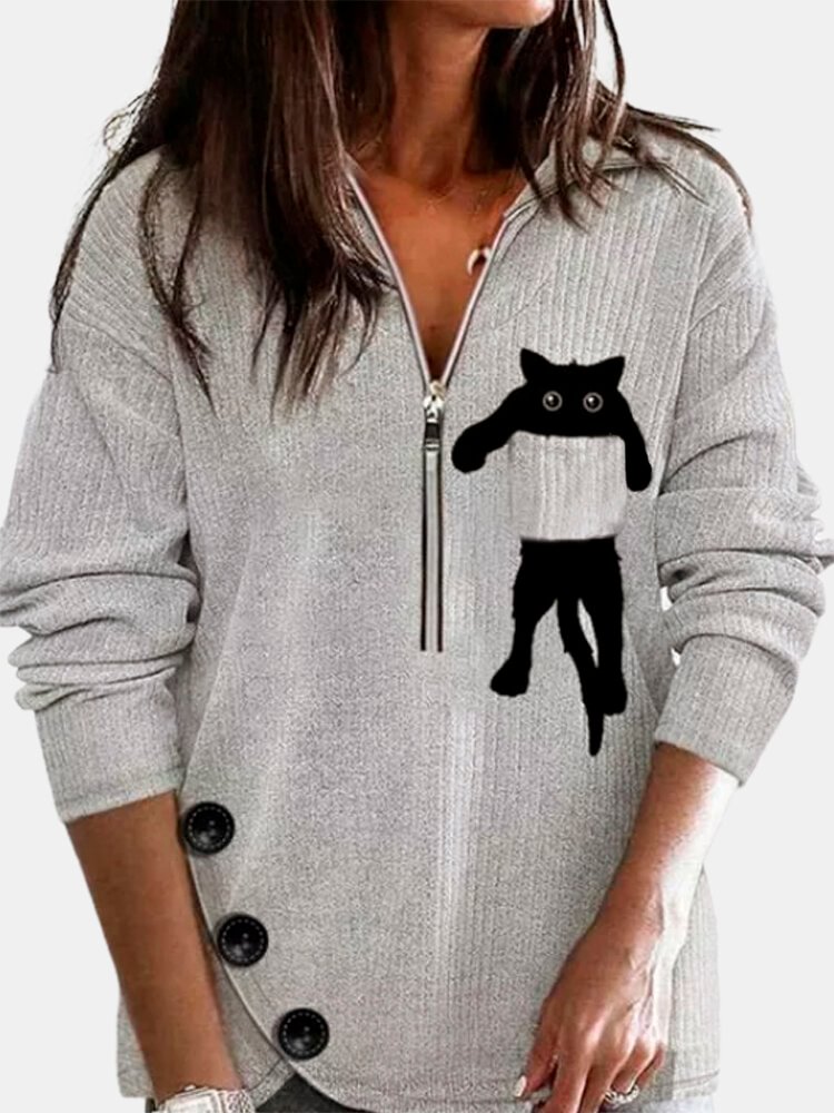 Cat Print Long Sleeves Lapel Collar Casual Blouse For Women P1766869