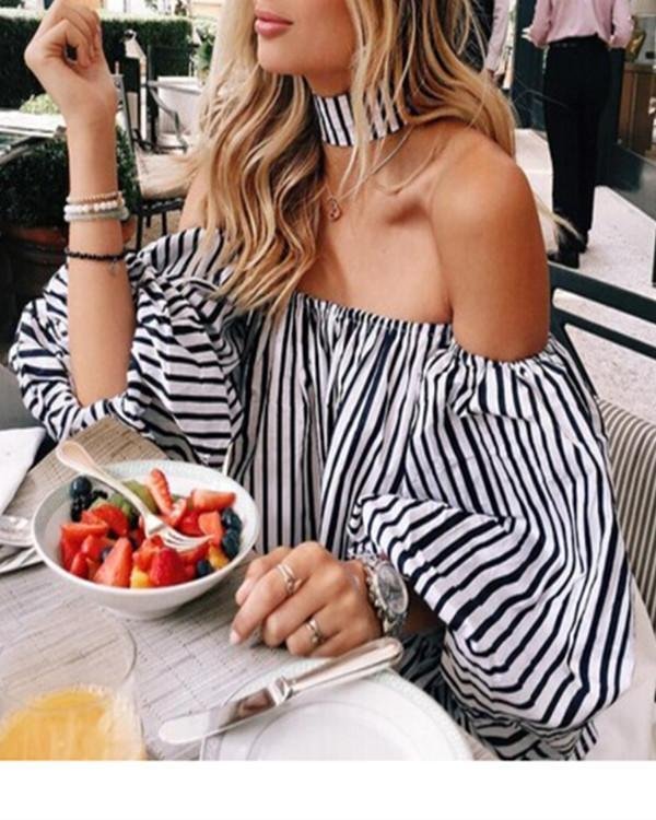 Cutaway Collar Speaker Sleeve Stripe Printed Blouses