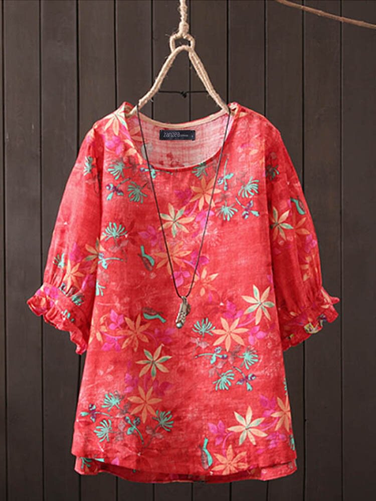 Casual Short Sleeve Floral Printed Leopared Crew Neck Overhead Blouse P1552083