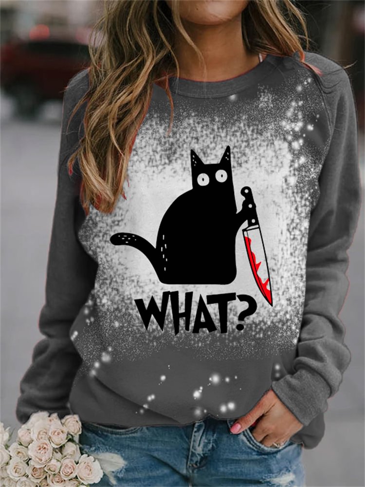 Black Cat With Bloody Knife Bleached Sweatshirt