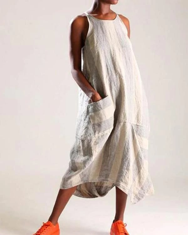 casual linen stripe women pocket dress p591068