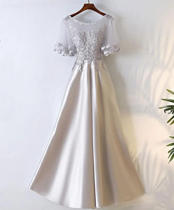 Champagne Round Neck Lace Applique Long Prom Dresses