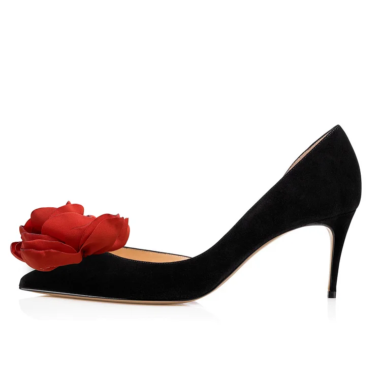 Black Suede Kitten Heels with Red Flower Embellishment D'orsay Pumps Vdcoo