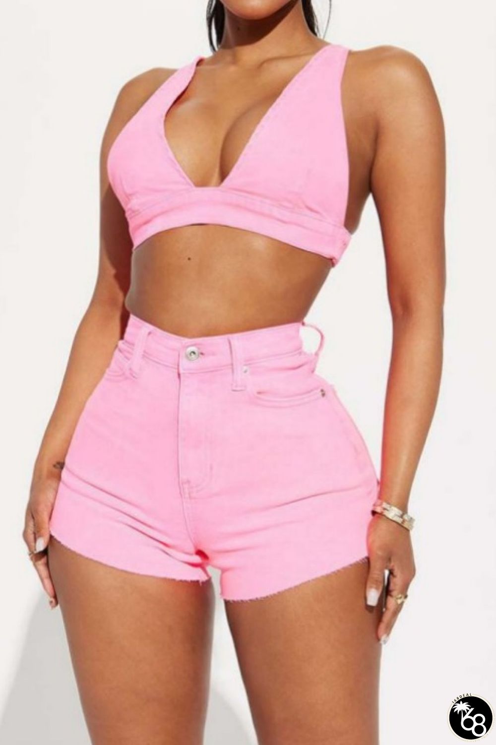 Pink Sexy Casual Solid Patchwork Backless V Neck Sleeveless Two Pieces | 168DEAL