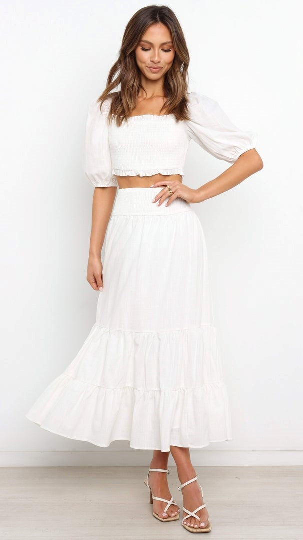Floral Print Full Pleated Printed Top And Midi Skirt In White