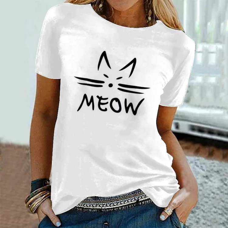 Vefave Meow Cat Print Short Sleeve T-Shirt
