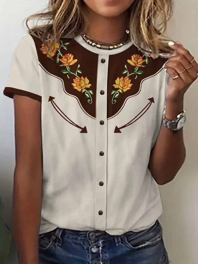 Women's Retro Western Style Printed Casual T-Shirt socialshop